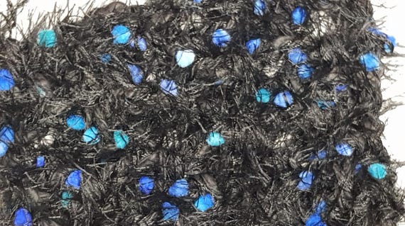 Wool, designer yarn mix, extra-soft novelty yarn, accent yarn, black, blue/turquoise pom-poms, thick needles, hand-wound, vintage wool