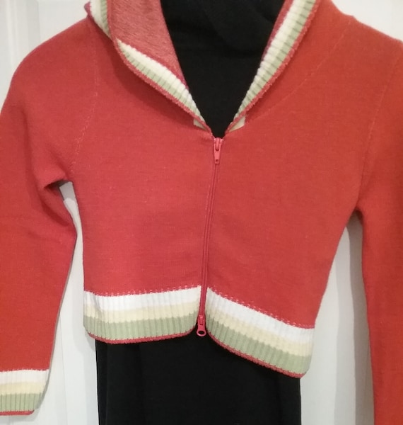 Kapuzenjacke, Hoodie, Bolero, kurze Strickjacke, rot oder orange, Ränder gestreift, one Size, Maßangabe, Vintage Kapuzenjacke, Hoodie, Bolero, kurze Strickjacke, rot oder orange, Ränder gestreift, one Size, Maßangabe, Vintage