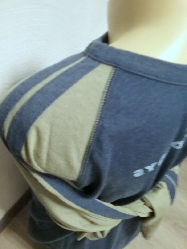May include: A blue and beige long-sleeved shirt with a striped design on the sleeves. The shirt has a crew neck and a graphic print on the front that says "extra".