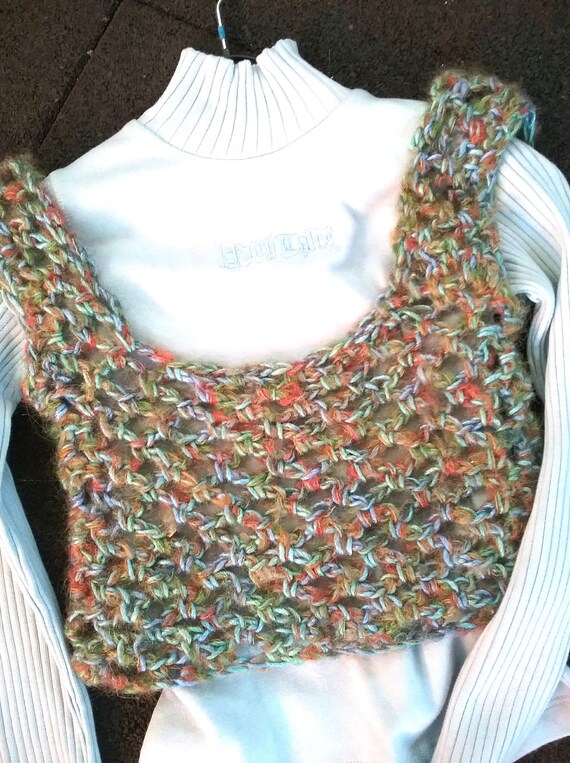 handmade, sweater, overshirt, short crochet top, one size, measurements, pumpkin-orange-light blue-green, material mix vintage