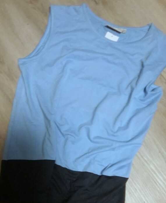 Sale 30% tank top, sleeveless T-shirt, dark blue collar, yellow + light blue, round neck, loose fit, girls, women, S.Oliver, vintage