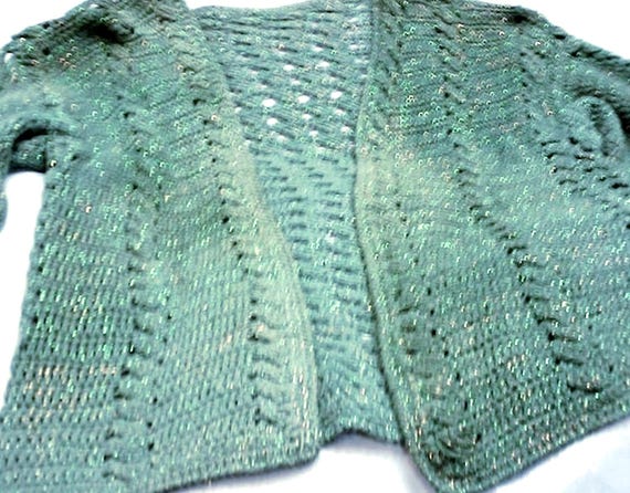 handmade, cardigan, crochet jacket/braids, cotton/lurex, green/gold/irisè, rustic, casual, asymmetrical, on size BIG, vintage style