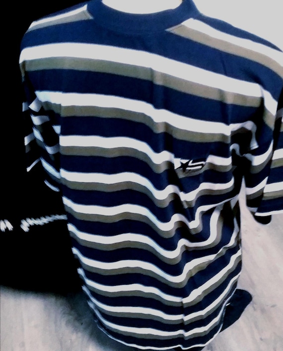 Sale 30% T-shirt, short sleeve, stripes, striped, dark blue-olive-white, gender, BIG size, measurements, S. Oliver, Vintage