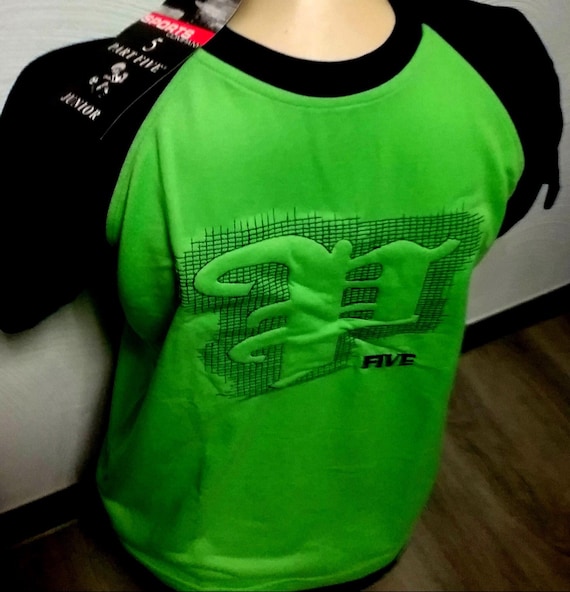 Sale 30% T-Shirt, short sleeve, graphic + embroidery details, raglan, green-blue + red-blue, boys, men, boys, BIG, size information, PART FIVE, Vintage