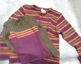 Pullover sweater various turtle neck round neck chest stripes + allover striped purple-olive-orange, women girls, TP Missi, Vintage