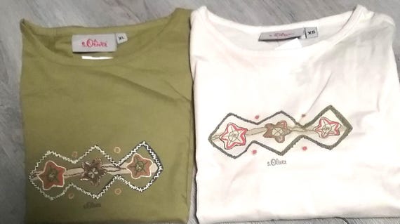 Sale 50% sweater, T-shirt or long-sleeved shirt, short shirt, graphic frontside, green+natural-orange, girls, women, girls, S.Oliver, Vintage