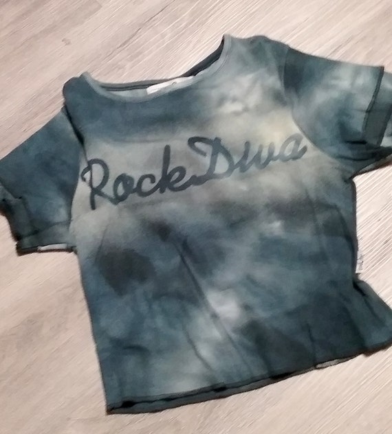 Sale 50% T-shirt, crop top, double sleeve, graphic Rock Diva, black-grey, seam details, cotton, girls, Level One, vintage