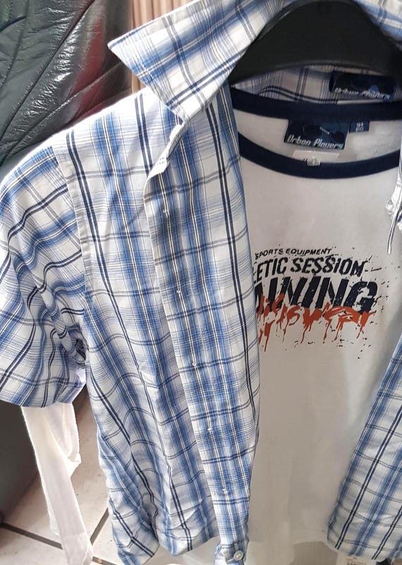 Shirt, short sleeve, checked, white/blue, BIG, graphic lettering + logo, cotton, matching long sleeve shirt, Urban Players by Bad+Mad, Vintage