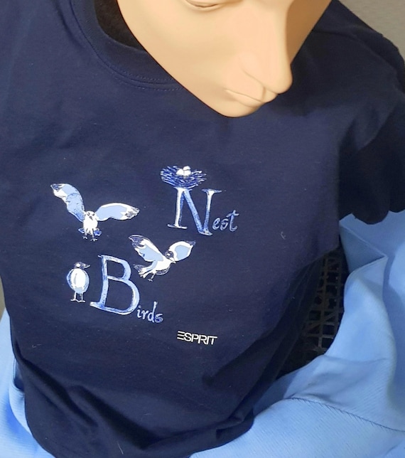 Sale 30% T-Shirt, short sleeve/ super big, LOGO, graphic BIRDS, dark blue + white, plain back, not brushed, KIDS, girls, Esprit, Vintage