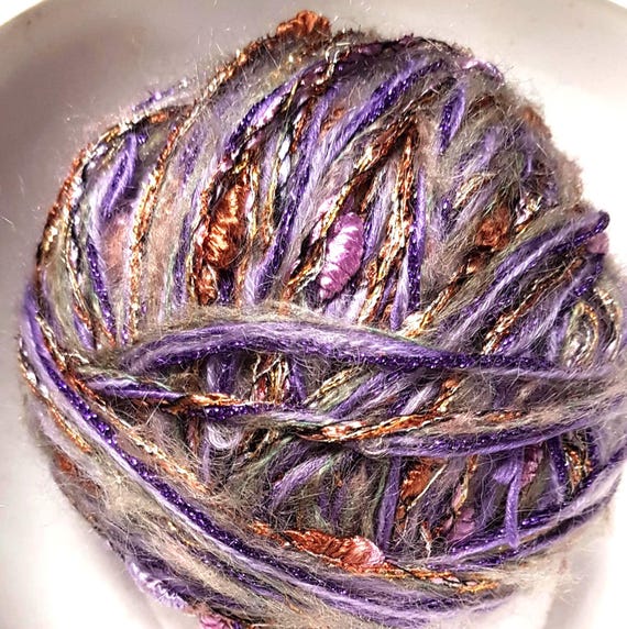 Wool, designer yarn mix, accent yarn/ novelty yarn, Anne Claire/ purple tones/copper, bobbles, various fiber types, hand-wound, vintage wool