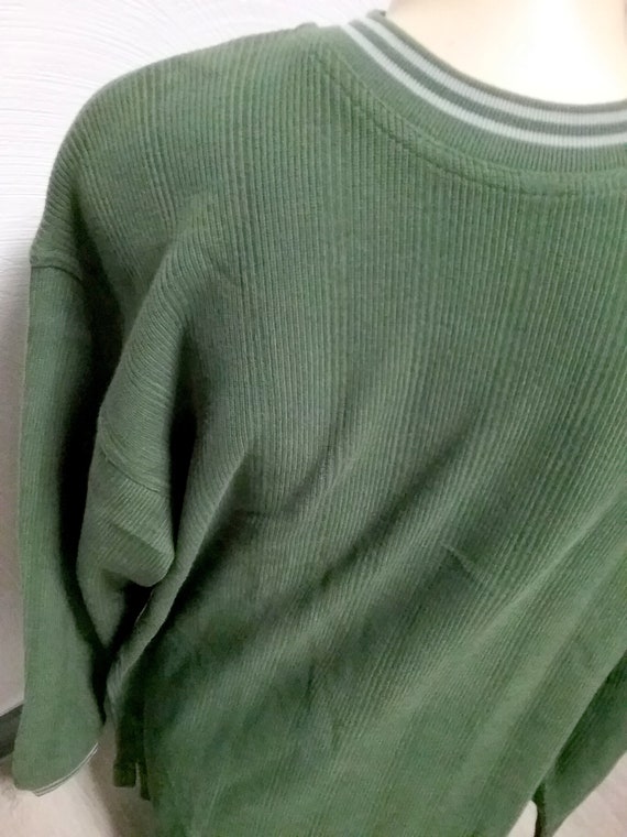 Sale 30% Sweater, sweatshirt, graphic logo, frontside, ribbed, green, striped cuffs, wide upper sleeve, boys, men, S.Oliver, vintage