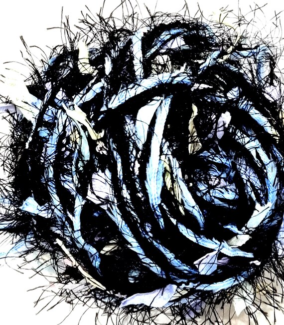 Wool, designer yarn mix, accent yarn/effect yarn/ Papyrus Live, black/pastel, light blue fringed ribbon, hand-wound, vintage wool