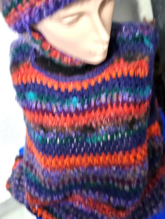 Handmade vest, crocheted sweater, sleeveless, designer yarn mix, colorful stripes, matching loop/headband/vintage wool