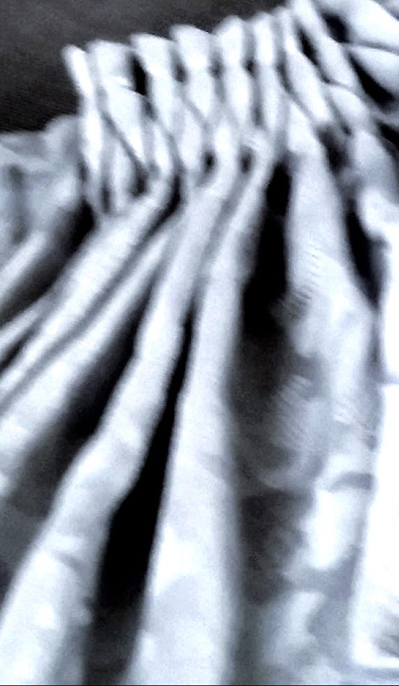 Curtain, curtain scarf, shades of blue, old pattern, soft flowing fabric, note measurements, vintage