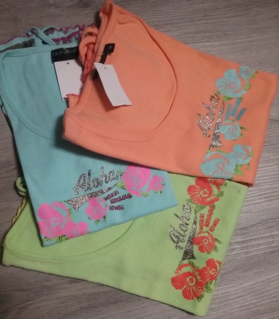 Sale 30% tank top, sleeveless T-shirt, graphic aloha, Hawaii, Honolulu, Waikiki, turquoise + orange + green, girls, women, Blue Seven, Vintage
