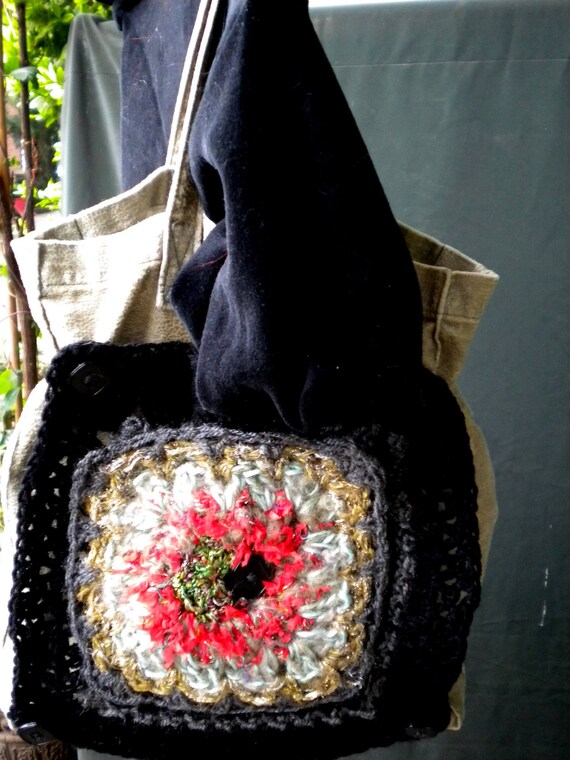 handmade, bag, shopper, pouch, applique - Granny Square on fabric, DIY, vintage look