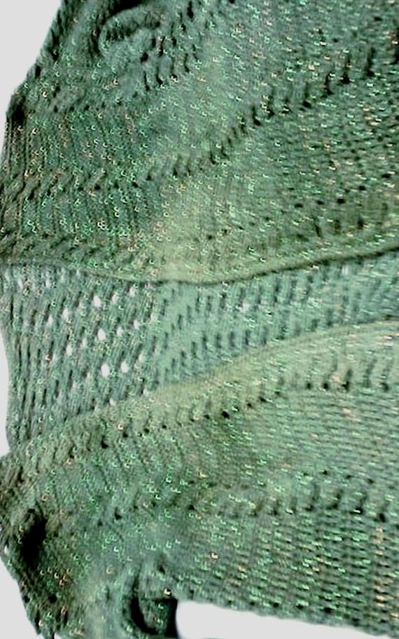 Handmade cardigan, casual jacket/cable knit, cotton/lurex, green/gold/iridescent, rustic, asymmetrical, one size BIG, vintage style