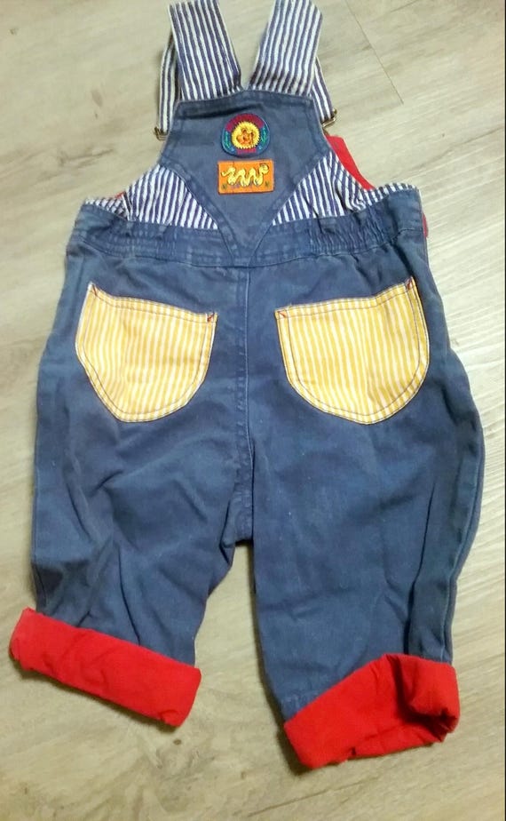 Dungarees, Bermuda shorts, denim, jeans, striped fabric details, African animals graphic, embroidery, BABY+KIDS, Whoopi, vintage