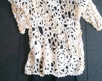 Pull, pull, long, robe au crochet, fait main, modèle Anny Blatt, coton, viscose, lin, taille unique, unique