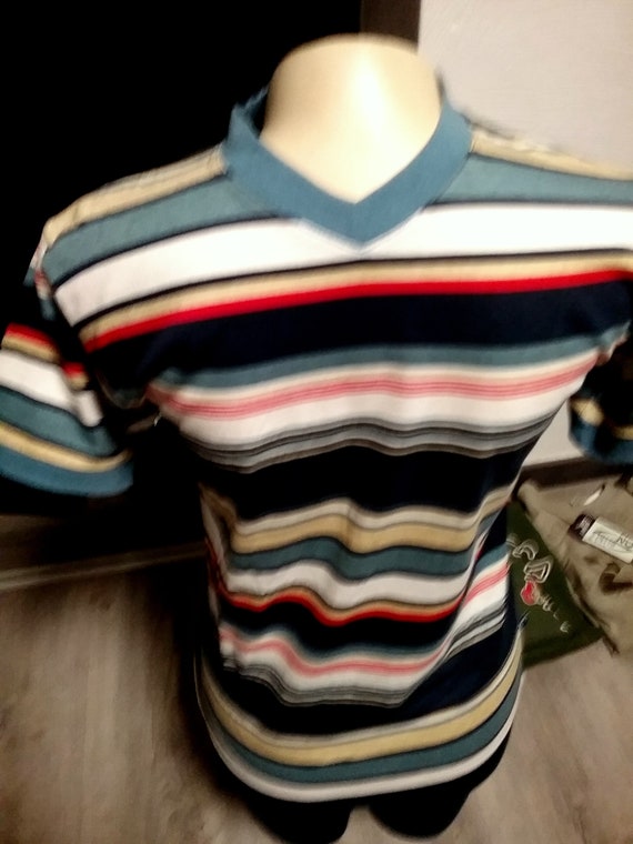 Sale 30% T-shirt, short sleeve, stripes, striped, V-neck, white-blue-beige-red, gender, BIG size, measurement, Whoopi, vintage