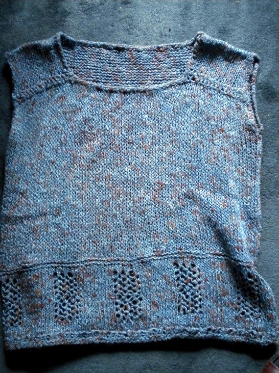 Handmade vest, casual knit shirt, cotton/linen/other fibers, blue with brown, size 44/46, measurements provided, vintage wool