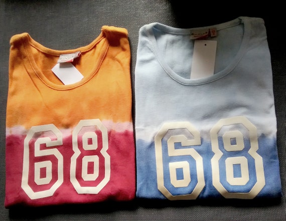Tanktop, ärmelloses T-Shirt, BATIK, abgestufte Blautöne + orange-bordeaux mit weiß, Girls, Frauen, Blue Seven, Vintage
