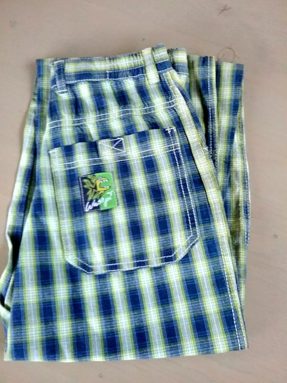 Sale 30% checked trousers, long trousers, wide leg, lightweight fabric, blue-green-light grey, Young Fashion, Gender, Whoopi, Vintage