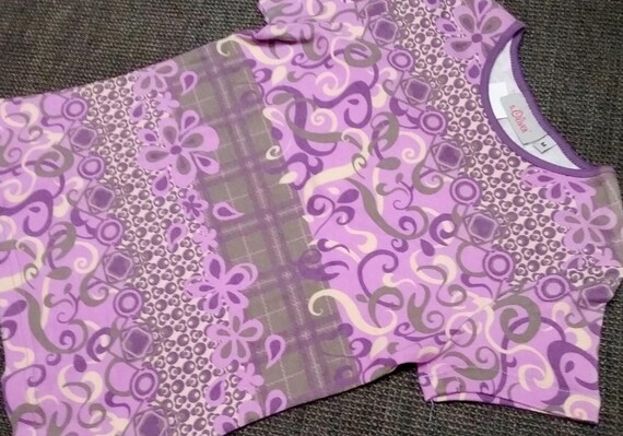 Sale 30% T-shirt, short sleeve, all-over print, green-purple-white-violet, girls, women, girls, S.Oliver, Vintage