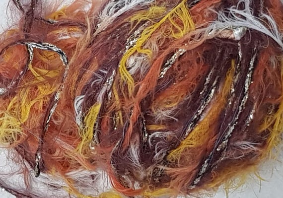 Thick wool, designer yarn mix, accent yarn/soft novelty yarn/orange tones, description, various fiber types, hand-wound, vintage wool