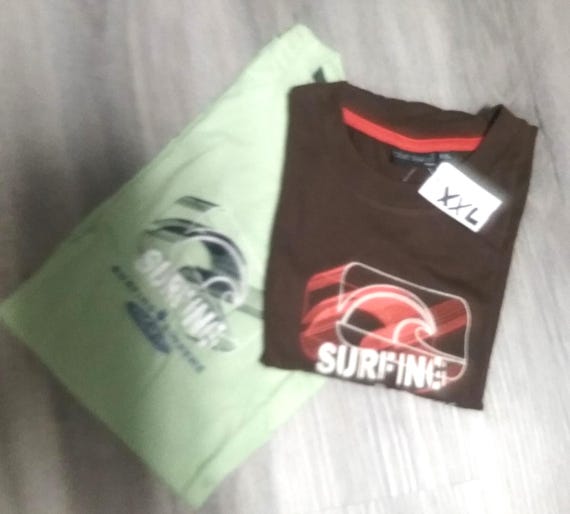 Sale 30% T-Shirt, short sleeve, graphic, brown-orange + green with black, size information, Blue Seven- SUBLINE, Vintage