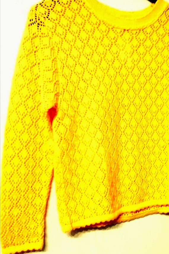 Sale 30% Sweater, Pullover, Long Sleeve, Openwork Pattern, Yellow, BIG, 50/50, Cotton, Size Chart, Girls Women Vintage