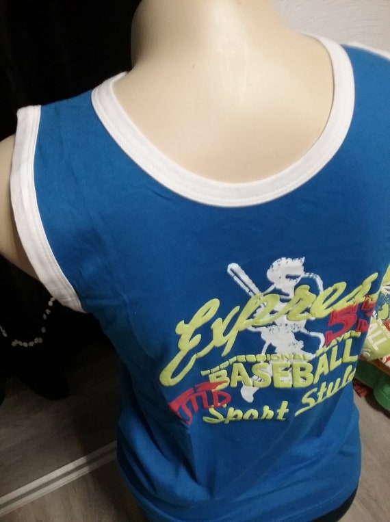 Sale 50% tank top, sleeveless T-shirt, Graphic Express Baseball Sport Style, green+blue+orange, round neck, men, boys, Blue Seven, Vintage