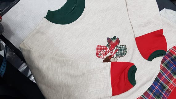 Sale 30% Sweater, sweatshirt, hedgehog motif, roughened, checked fabric, red yoke, other details, narrow hem, kids, girls, Whoopi, vintage