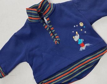 Sale 30% off: Sweater, Polo shirt, BABAR graphic, blue + orange, colorful striped details, KIDS, Absorba, Vintage