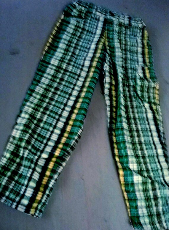 Sale 30% Pants, checked long pants, cargo, flannel, green/natural/yellow, straight fit, fabric details, pockets/junior, gender, Whoopi, vintage