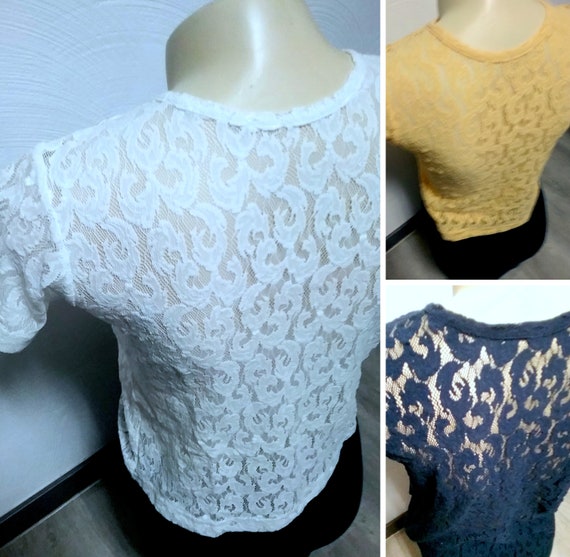 Sale 30% T-shirt, lace, LACE top, short sleeve, transparent, floral, white+yellow+dark blue, girls, women, girls, S.Oliver, vintage