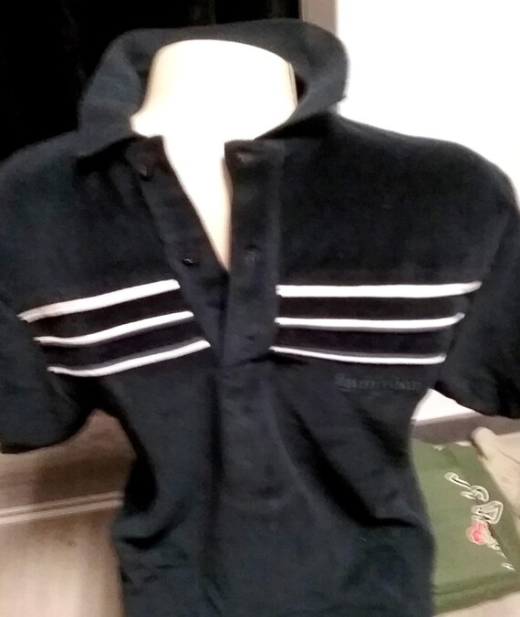 Sale 30% T-shirt, polo shirt, Nicki velvet velour short sleeve, collar, buttons, black, white chest stripes, LOGO, Gender, BIGHome Boy, Vintage
