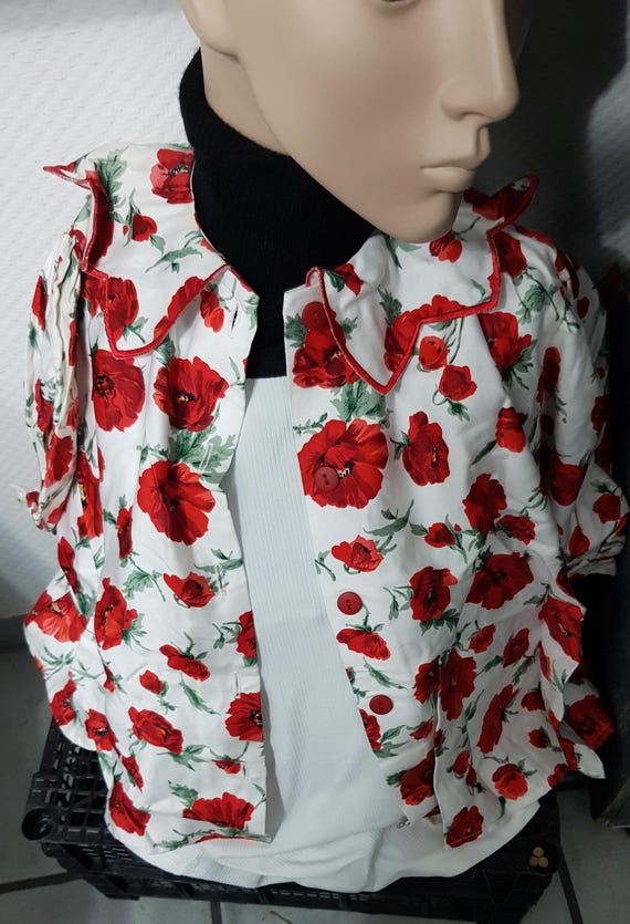 Sale 30% blouse, overshirt, short puff sleeves, collar, one size, extra wide, white, allover red poppy, short form, girls, women, Zaspel, vintage