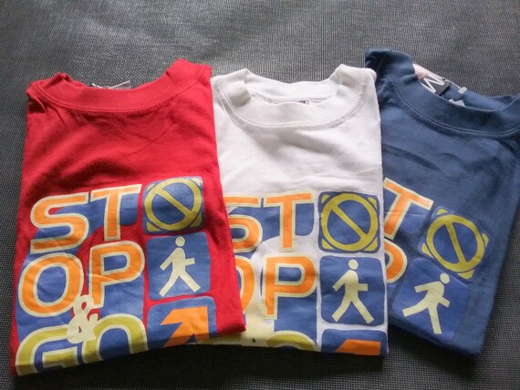 Sale 30% T-Shirt, short sleeve, graphic STOP- GO, frontside, red+ blue+ white with colorful, boys, boys, modern style, vintage