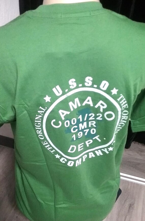 Sale 30% T-Shirt, short sleeve, graphic on both sides, LOGO frontside, back CMR 1970 Dept 1970, green-white, round neck, Camaro, Vintage