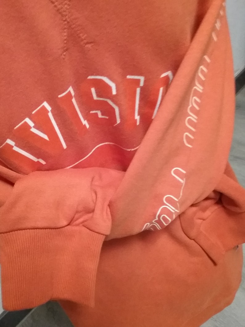 Op de afbeelding: Oranje longsleeve sweatshirt met witte tekst die "VISTA" op de voorkant en "VISTA" herhaald op de linkermouw.