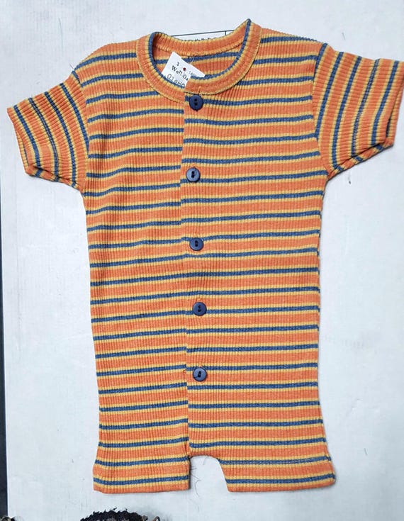 Sale 30% Jumpsuit, one-piece, short overall, striped, orange/blue/yellow, cotton, ribbed structure, Baby/KIDS, Gender, del Gado, Vintage
