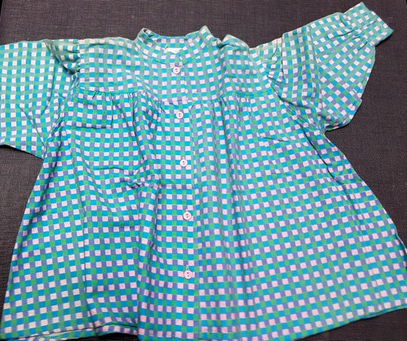 Sale 30% blouse, overshirt, long-sleeved, halter neck, checked, pastel pink-turquoise-green, collar, puff sleeves, extra wide, Lemur, vintage