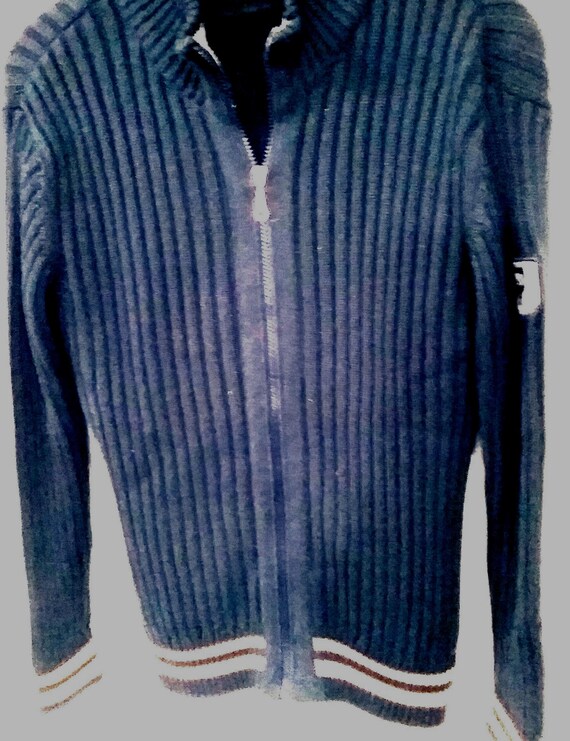 Cardigan, jacket, dark blue with beige, cotton, polyacrylic, ribbed pattern, slim fit, measurements, gender, Camaro, vintage
