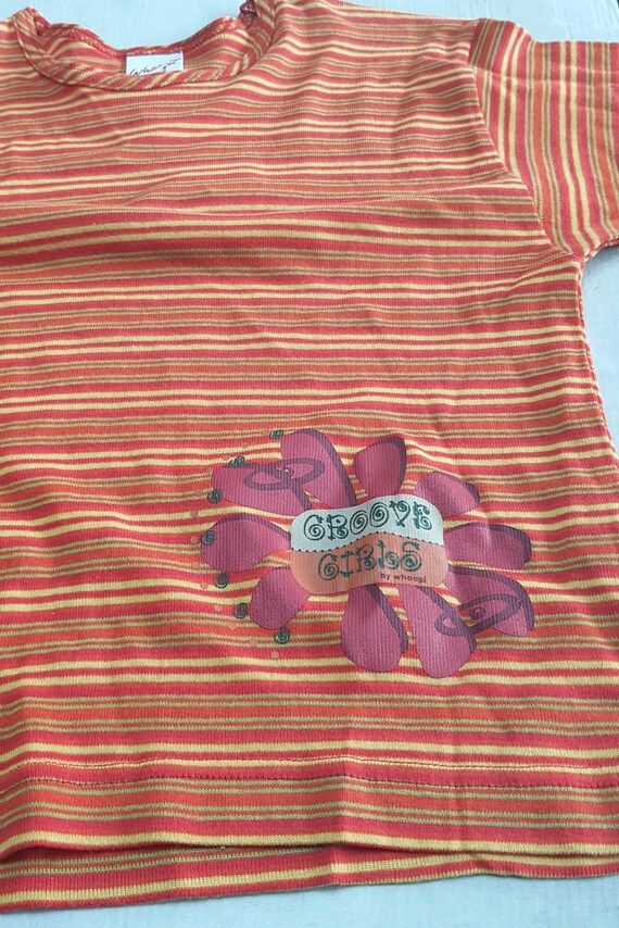 Sale 30% T-shirt, short sleeve, striped, Super BIG, wearable as a short shirt, graphic/girls, red/yellow/orange, Young Fashion, Girls, Whoopi, Vintage