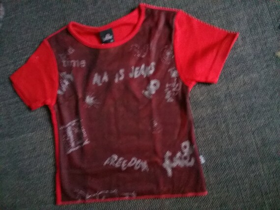 Sale 30% T-shirt, short sleeve, graphic mesh details, red-black, cotton, short size, girls, Level One, Vintage