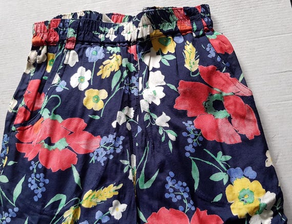 Sale 30% long trousers, pull-on trousers, lightweight fabric, viscose/cotton, all-over flowers, dark blue/multicolored, kids, girls, Absorba, Vintage