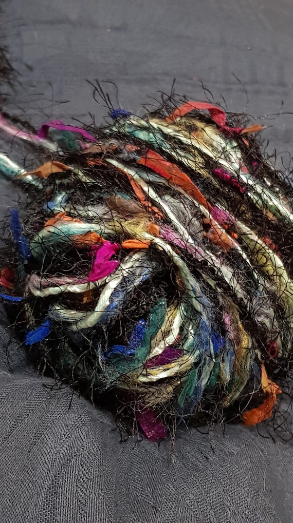Wool, designer yarn mix, accent yarn/effect yarn/ Papyrus Live, black/ colorful threads, fringes, Vrillè, hand-wound, vintage wool
