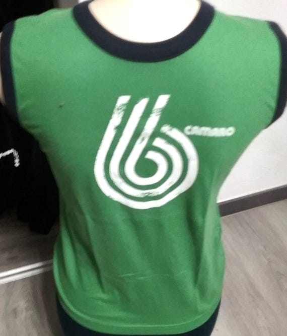 Sale 30% tank top, sleeveless T-shirt, graphic LOGO frontside, green-white-dark blue, round neck, boys-men-boys, BIG size, Camaro, Vintage