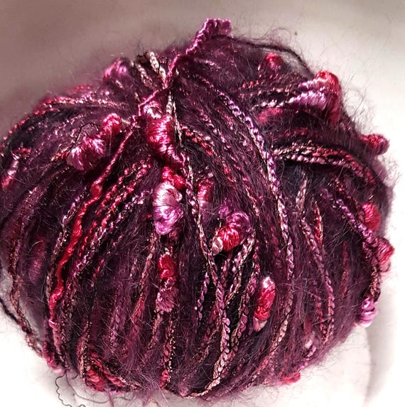 Thick wool, designer yarn mix, accents/ soft novelty yarn/ pink tones, description, various fiber types, hand-wound, vintage wool